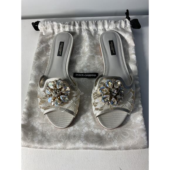 Dolce & Gabbana White Slipper In Lace With Crystals Size 7.5 - Picture 1 of 4